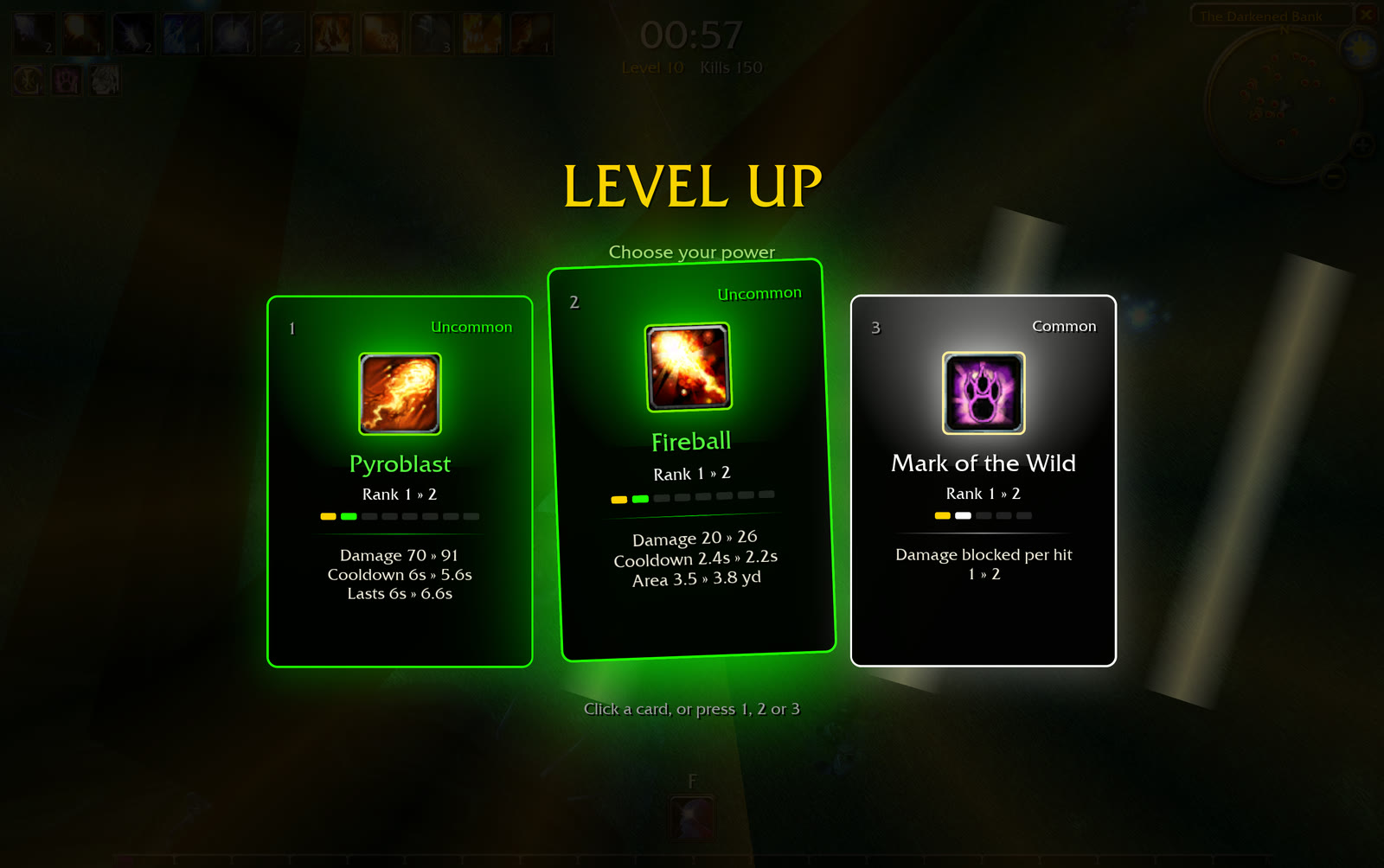 Level-up screen showing a choice of three upgrade cards
