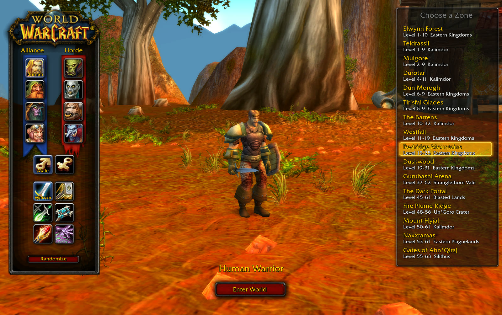 Azeroth Survivors main menu: race, class and zone selection