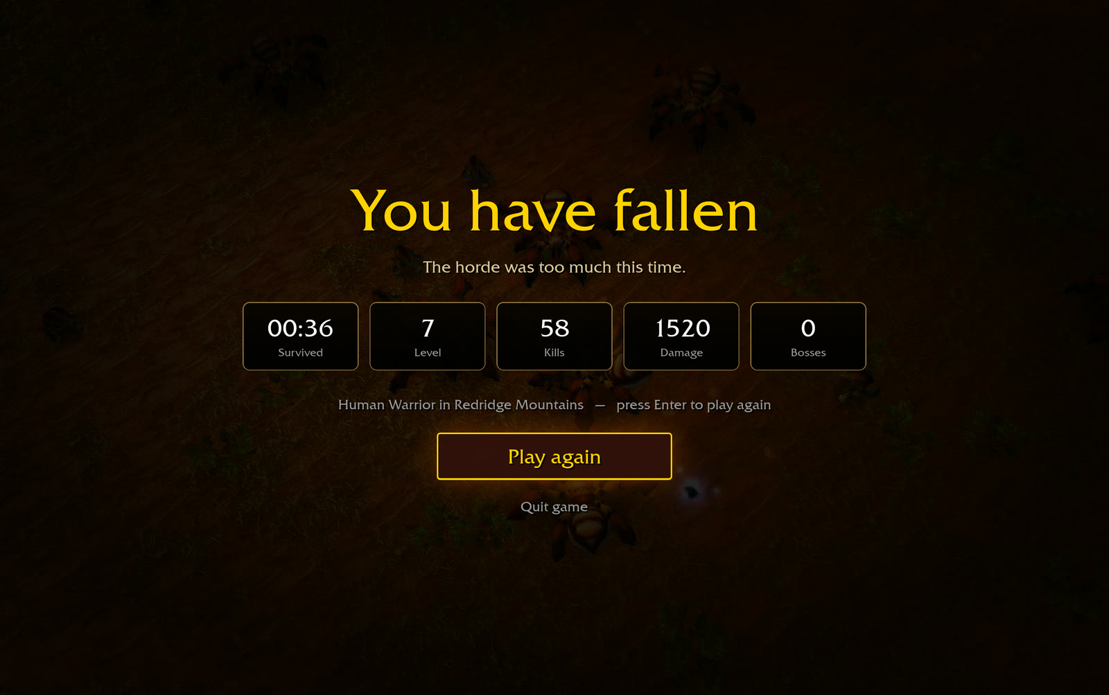 Azeroth Survivors results screen after a run ends